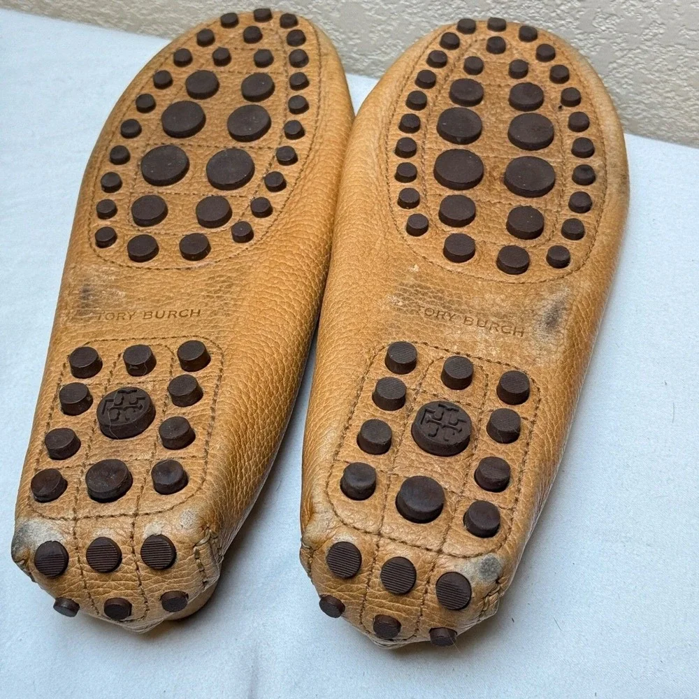 Tory Burch Driving Loafers Women 6.5 Tan Pebbled Leather Designer Old Money Prep